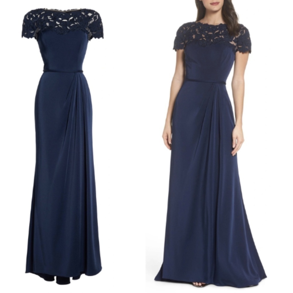 NEW La Femme Lace Yoke A-Line Gown in Navy Sz. 14